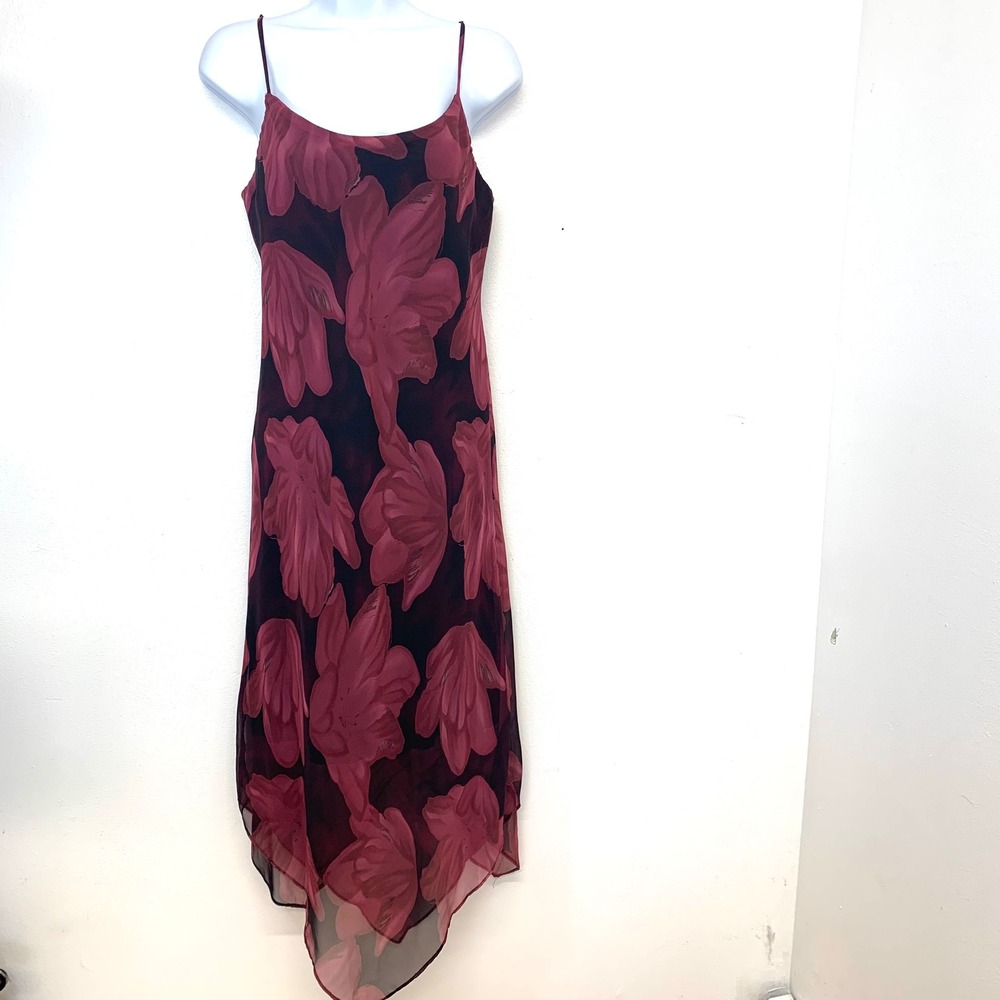 Alyn Paige Vintage 90s Floral Handkerchief Hem Midi Dress Burgundy 9/10 Fairy